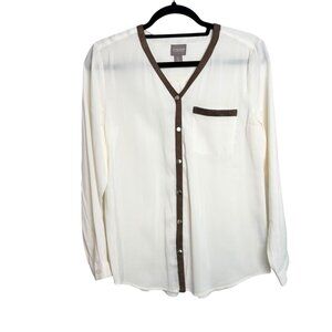 Chico's Silky Chic Blouse with Faux Suede Trim in Ecru